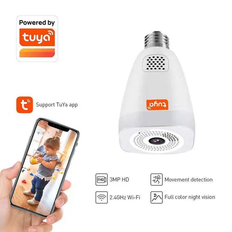 TUYA APP Smart 360 Panoramic Wireless HD CCTV Security IP Camera 3MP Wifi Light E27 Bulb WIFI Color Night Vision Two way audio