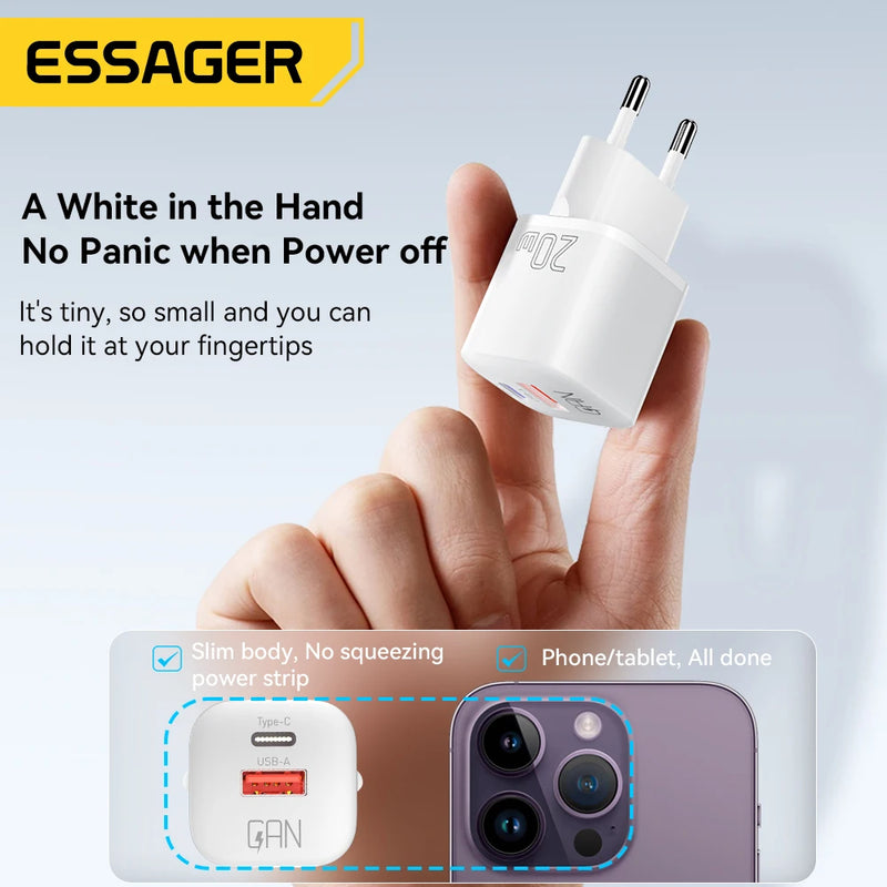 Essager 0W GaN USB C Charger QC 3.0 PD Fast Type C Charger For iPhone 15 14 13 Pro Max Xiaomi Samsung Type C Mini Phone Charger