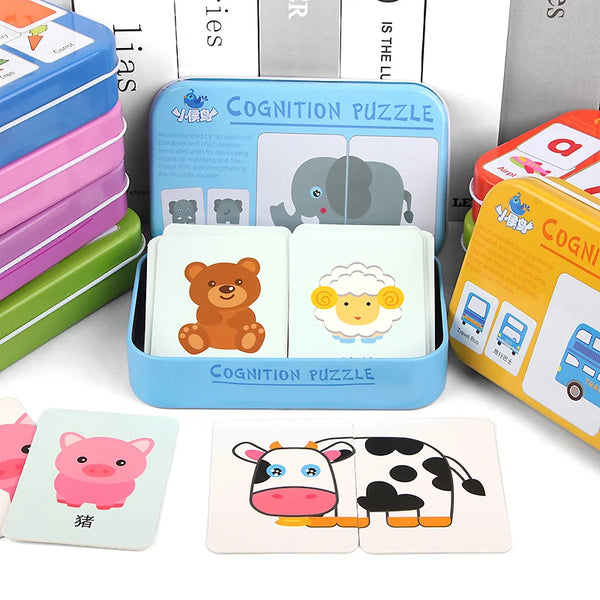 Kids Montessori Puzzle Toys Animals Fruit Graph Match Card Game Early Educational Materials Double-sided Puzzle Toy for Children