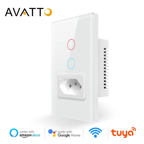 AVATTO Tuya WiFi Zigbee Switch  16A 20A Socket,Brazil Standard 4X2 Glass Panel  Smart Light Switch work with Alexa Google home