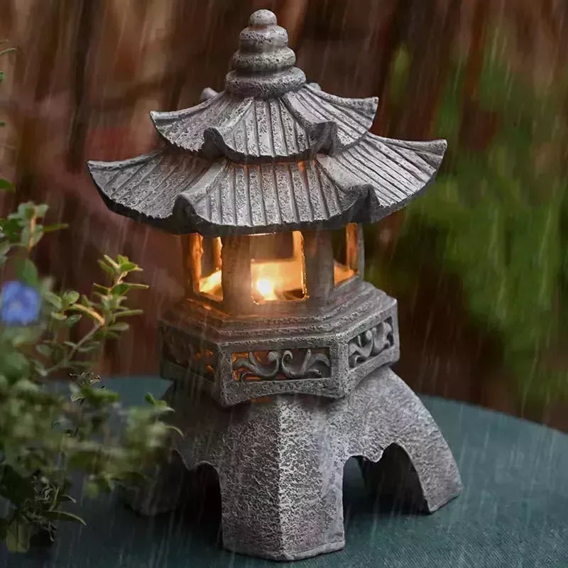 Pagoda Statues Outdoor Solar Powered Statue Japanese Garden Decor Outdoor Zen Garden Lantern Flickering LED Garden Light