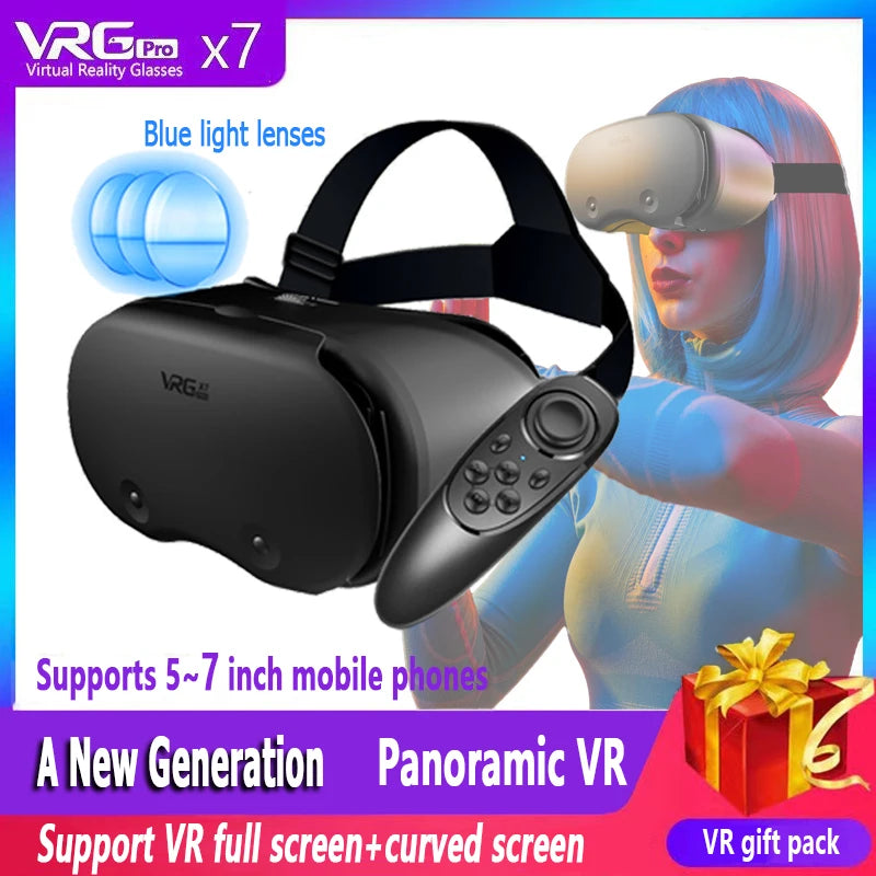 VRG Pro X7 3D Helmet Virtual Reality VR Glasses Smartphone Lense With Controller Headphone For 5 To 7 Inches Blue Light Glasses