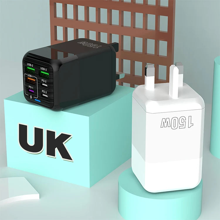 US/EU/UK 6 Port Mobile Phone Charger Fast Charging Adapter 150W 3 USB 3 PD Wall Fast Charger for Samsung Iphone