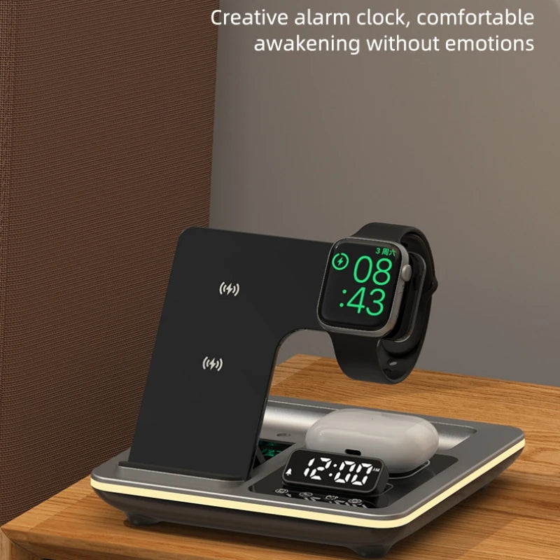 5 in 1 Alarm Clock Wireless Fast Charger Station For iPhone 15 14 13 12 Protable Travel Charging Dock For Apple Watch Airpods