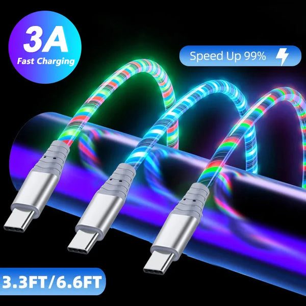 3A Glowing Cable Flowing LED light Micro USB Type C Cables For Samsung iPhone 13 Xiaomi Huawei Mobile Phone Charging Wire Cord