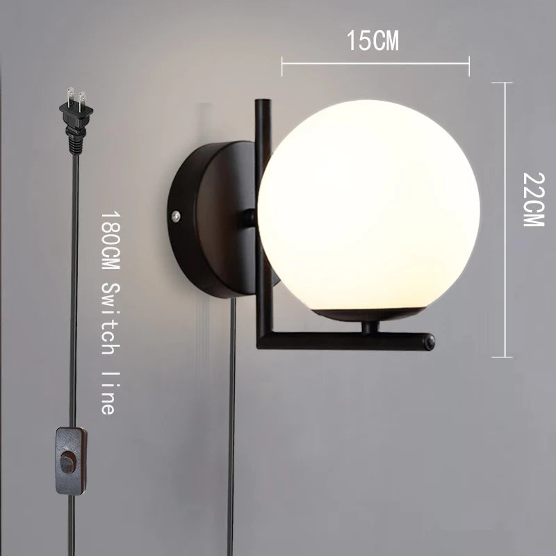 Modern Indoor Wall Light Glass Luminous Ball With Plug Switch LED Wall Lamps Suitable For Bedroom Bedside Living Room Home Decor