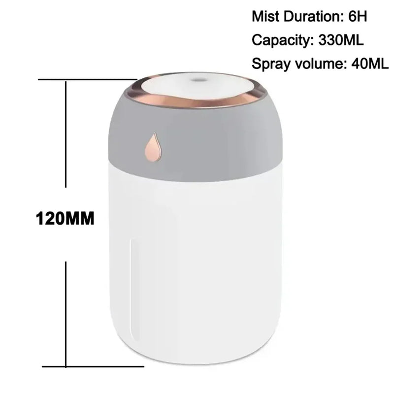 Mini USB Portable Air Humidifier, Aroma Diffuser, LED Cool Light, Mist for Room, Home, Car, Plant Purifier, 330ml ﻿