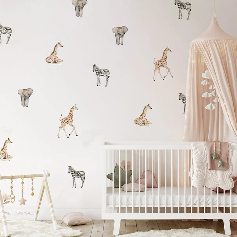 Africa Wild Animal Nursery Room Wallpaper Sticker Zebra Giraffe Elephant Tropical Animal Wall Art Stickers Home Interior Decals