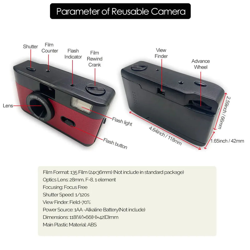 35mm Film Camera Reusable, Compatible with 35mm Color Negative or B/W Film, Non-Disposable Camera with Flash