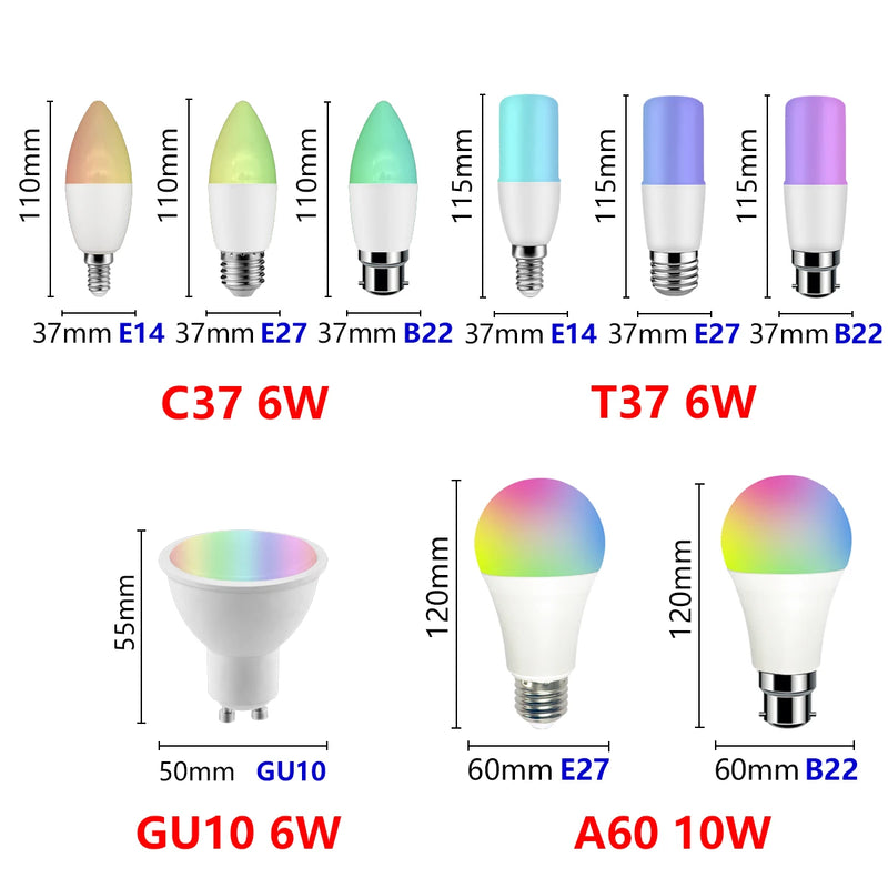 Tuya Rgb Smart Gu10 C37 A60 T37 E14 E27 B22 Light Bulb Dimmable Wifi Led Magic Lamp AC 110V 85V-265V Work with Alexa Google Home