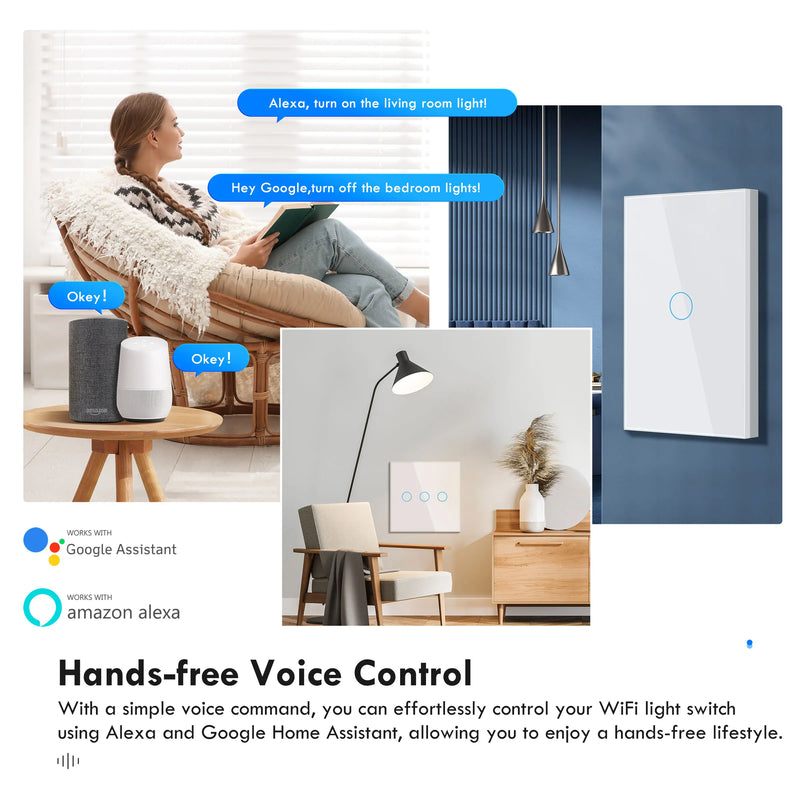 GIRIER Tuya Smart WiFi Light Switch EU US Type, Wall Touch Switch 1 2 3 Gang Works with Alexa Hey Google, Neutral Wire Optional