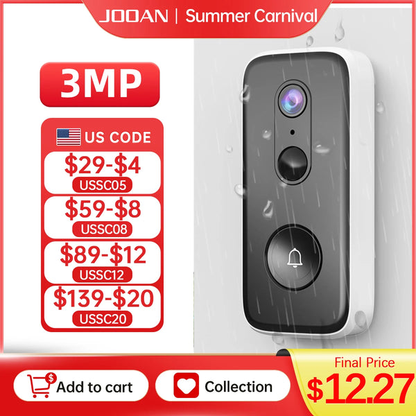 JOOAN 3MP WiFi Video Doorbell Outdoor DoorBell Camera Auto Sensing Door Eye Camera Battery PIR Motion Detector Home Security