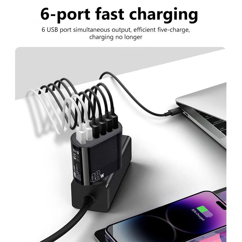 48W 6 In 1 USB Europe Plug QC 3.0 Mobile Phone Super Fast Charger EU US Plug Adapter 6 Port For iPhone Samsung Xiaomi Huawei