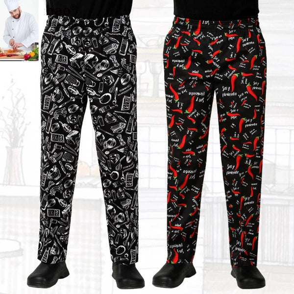 Unisex Fashion Waist Elastic Design Chef Pants Chili Cutlery Kitchenware Pattern Restaurant Canteen Chef Work Pants