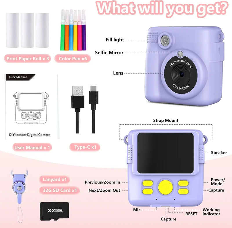 Instant Print Camera for Kids,1080P HD Digital Video Cameras for Toddler，Christmas Birthday Gifts for Age 3-12 Girls Boys，