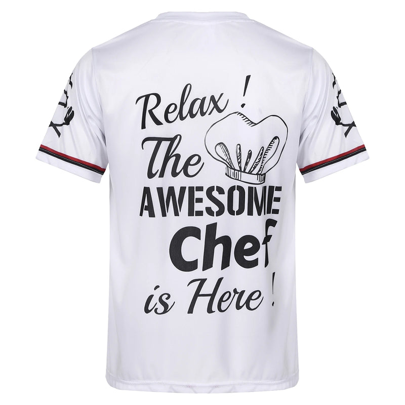 Mens Food Service Workwear Costume  Print Chef Shirt Hotel Restaurant Kitchen Tops Casual Round Neck Short Sleeve T-shirt Tops