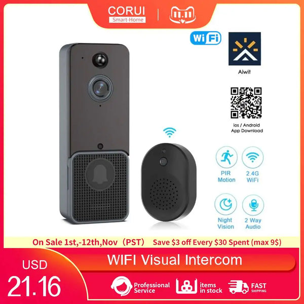 Corui Wireless Smart Video Doorbell Digital Visual Intercom WIFI Remote Home Alarm Door Bell Waterproof Security Camera Monitor