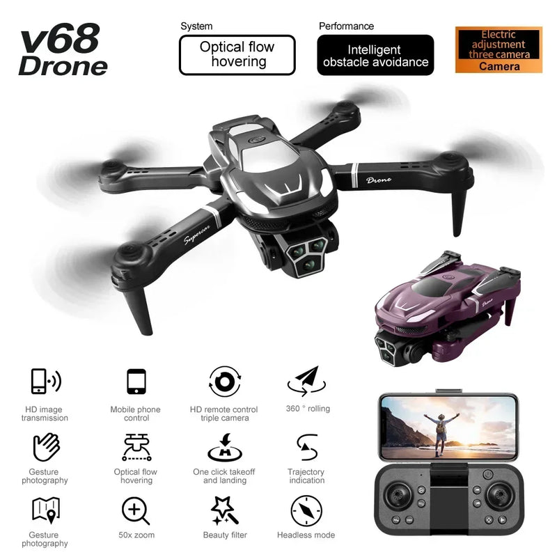 2024 New V68 Professional Drone Three-camera 8K High-definition Aviation Obstacle Avoidance Four-axis Children's Toy Helicopter