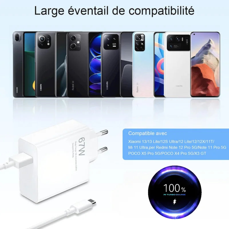 6A 67W EU Ultra Fast Wall Charger For Xiaomi 11 12 Lite 13T Redmi Note 10 11T 12T 13 POCO F4 F5 X4 X5 Pro Type C USB Cable 1m 2m