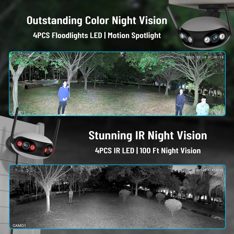 Outdoor 4MP 180° degree Wide View Angle Panoramic WIFI Dual Lens Fisheye IP Camera AI Human Detection dual light Security Cam