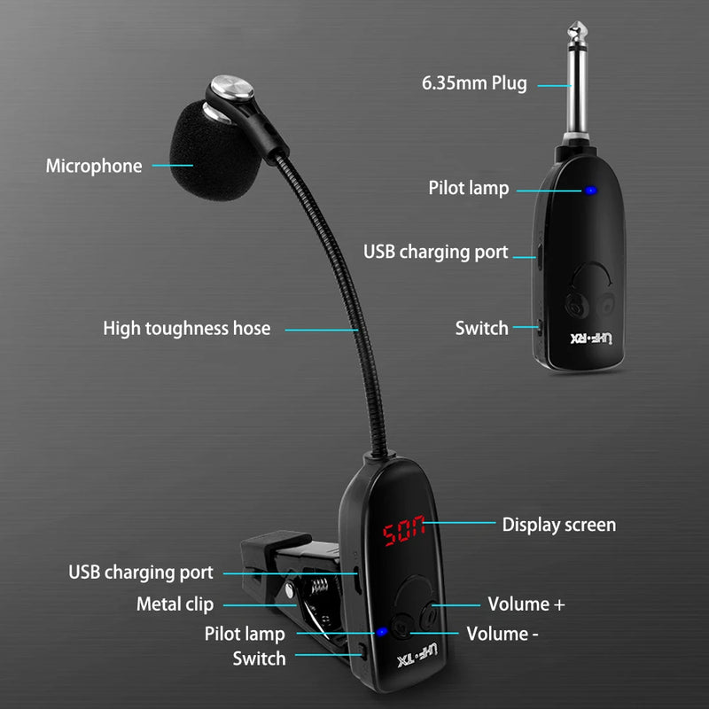 UHF Wireless Saxophone Microphone System Clip on Musical Instruments Wireless Receiver Transmitter for Saxophone Trumpet