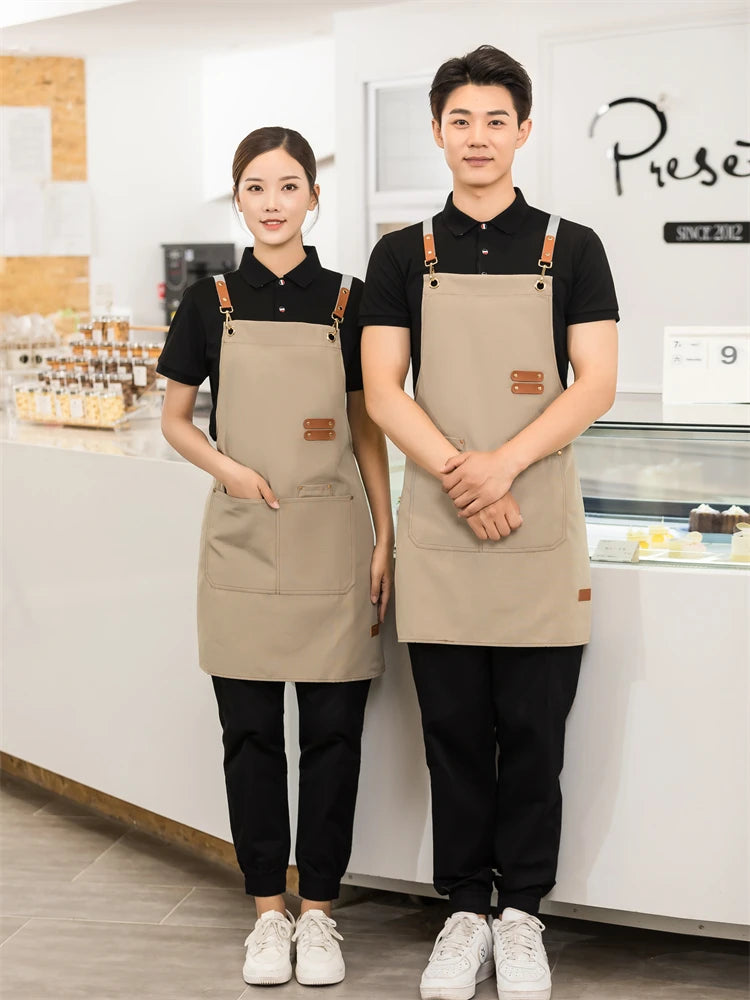 Waterproof Kitchen Apron For Women/Men With Pockets Work Mandil Cleaning Pinafore Restaurant Shop Waiter Work Uniform