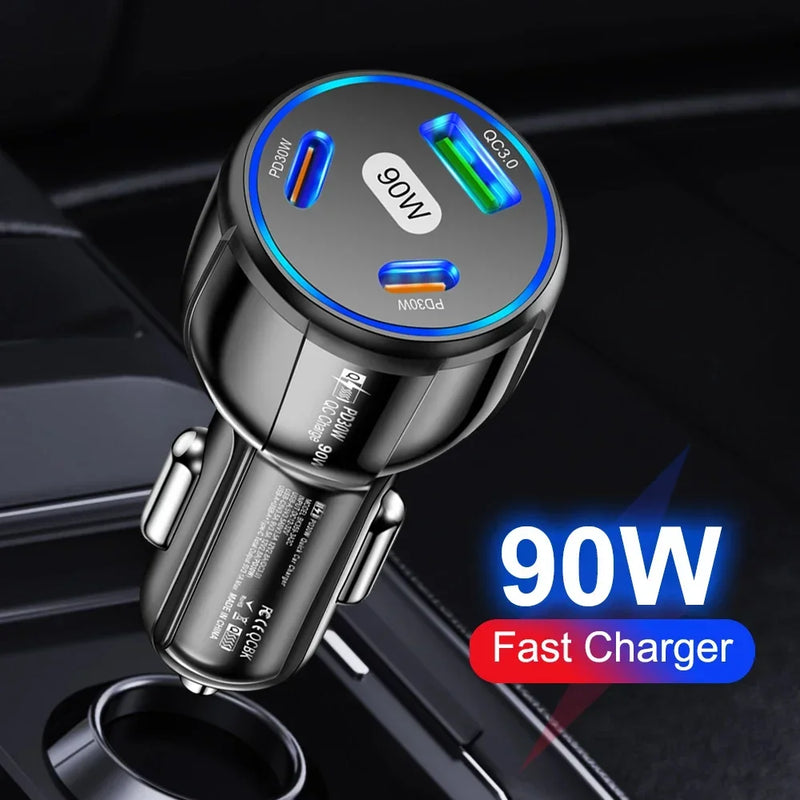 90W  Fast Charger 3 Ports PD USB Car Charging Mobile Phone Type-C Adapter Quick Charger in Car for iPhone 14 15 Pro/Max Samsung