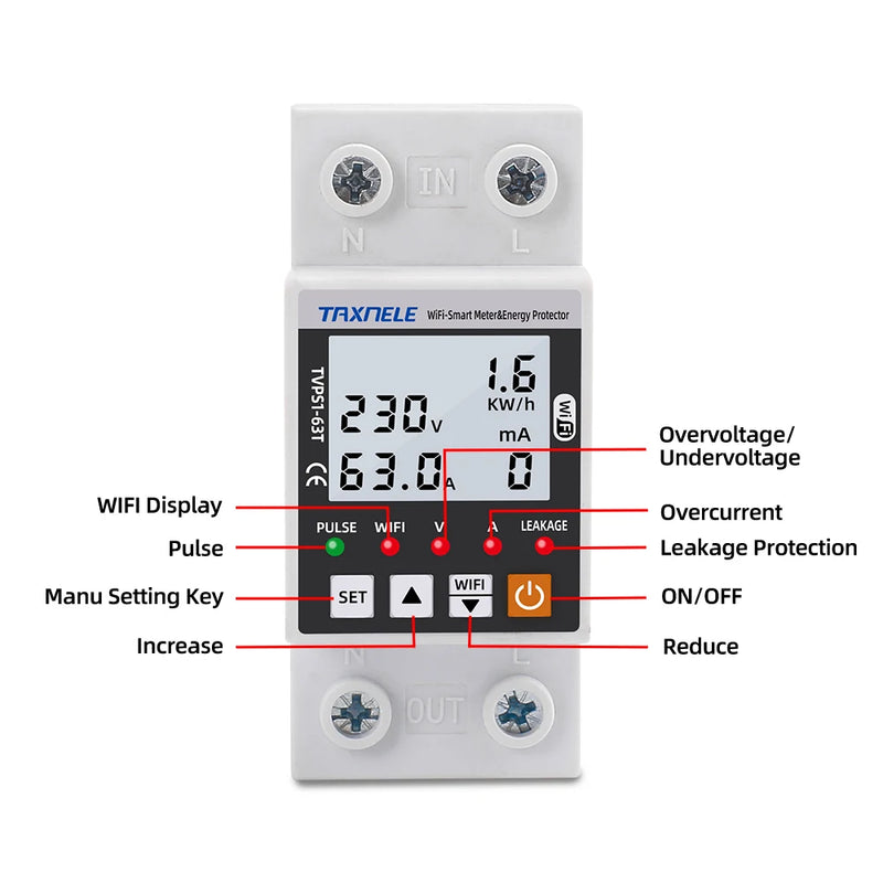 63A TUYA  WiFi Smart Earth Leakage Over Under Voltage Protector Relay Device Switch Breaker Energy Power kWh Meter Smart Life