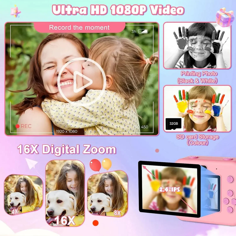 Digital Children Instant Print Camera,  Video Recording, with 32G Card and Thermal Printing, Kids Educational Toy Gift