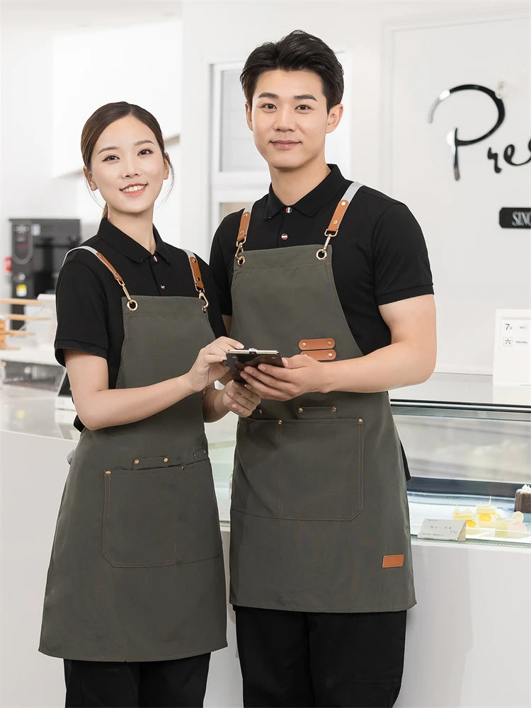 Waterproof Kitchen Apron For Women/Men With Pockets Work Mandil Cleaning Pinafore Restaurant Shop Waiter Work Uniform