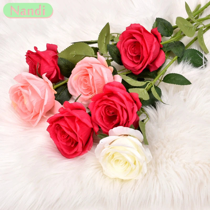 5pcs 10x51cm Faux Rose Flower Silk Long Branch Bouquet Wedding Home Room Table Centerpiece Fake Plant Wreath Accessories