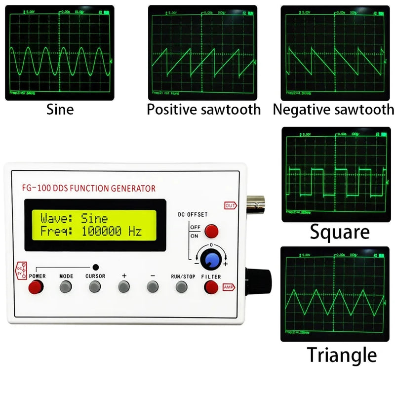 FG-100 DDS Function Signal Generator Frequency Counter 1Hz - 500KHz Signal Source Module Sine+Square+Triangle+Sawtooth Waveform