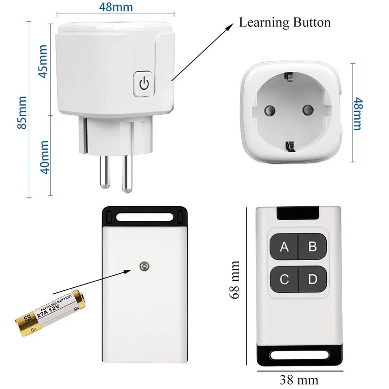 Tuya WiFi and Rf Smart Plug Socket with Power Monitor,Wireless Remote Control Socket Switch AC 220V 3000W EU for Alexa Google