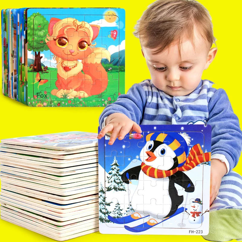 New 20 Piece Montessori 3d Puzzle Cartoon Animal Vehicle Jigsaw Wood Puzzle Game Early Learning Educational Toys for Children