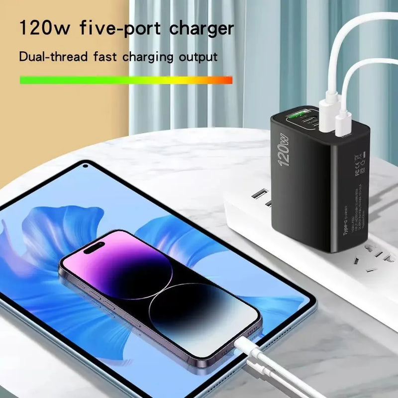 Lenovo120W 5Ports USB Charger Quick Charge EU US UK Plug Wall Charger PD Fast Charging For Samsung Xiaomi Huawei Charge Adapter