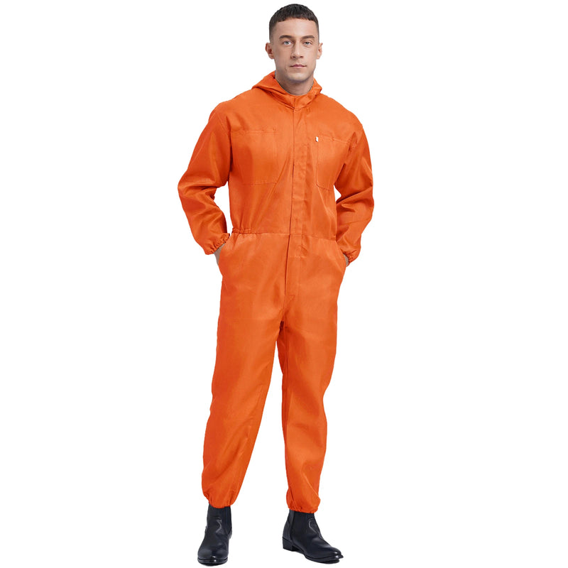 Mens Front Half Zipper Big Pockets Overalls Jumpsuit Dungarees Workshop Worker Dustproof Hooded Coverall Mechanic Uniform