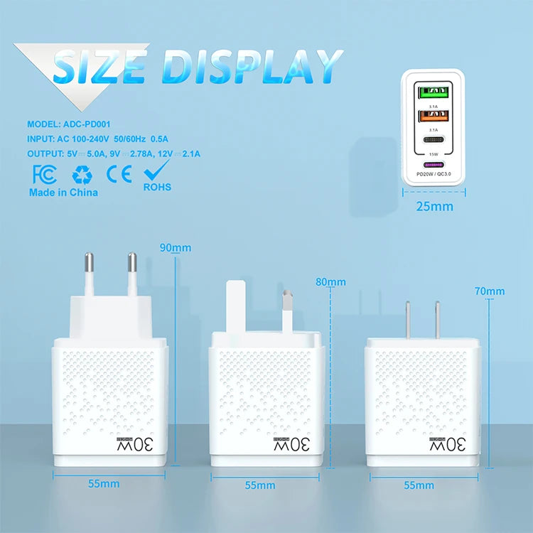 US/EU/UK 2USB+2PD 4 Port Mobile Phone Charger Fast Charging Adapter 30W USB Type C 4 in 1 Cell Phone Fast Charger