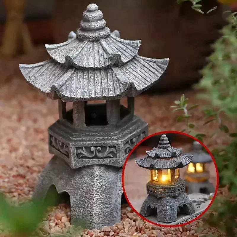 Pagoda Statues Outdoor Solar Powered Statue Japanese Garden Decor Outdoor Zen Garden Lantern Flickering LED Garden Light