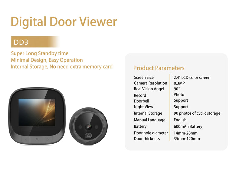 DD3 2.4-inch  TFT LCD Infrared Smart Doorbell Camera Peephole Viewer Home Smart Doorbell Security Door video Doorbell Peephole