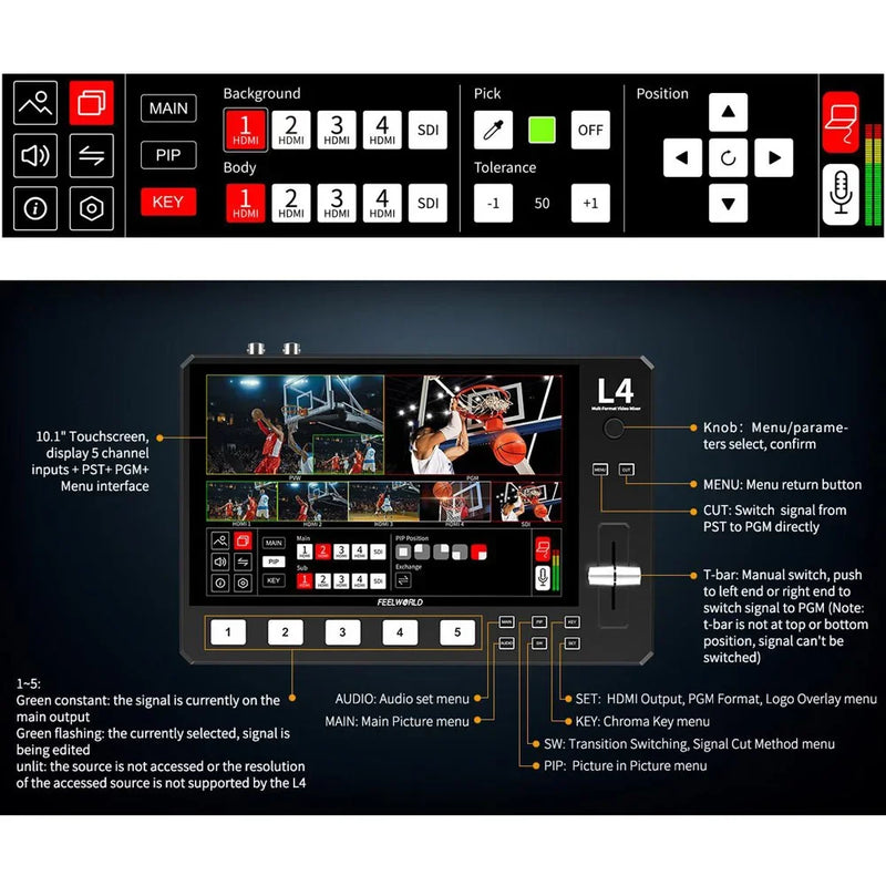 FEELWORLD L4 Multi-camera Video Mixer Switcher 10.1"Touch Screen USB3.0 Fast Streaming Broadcast Switcher SDI HDMI-compatibe
