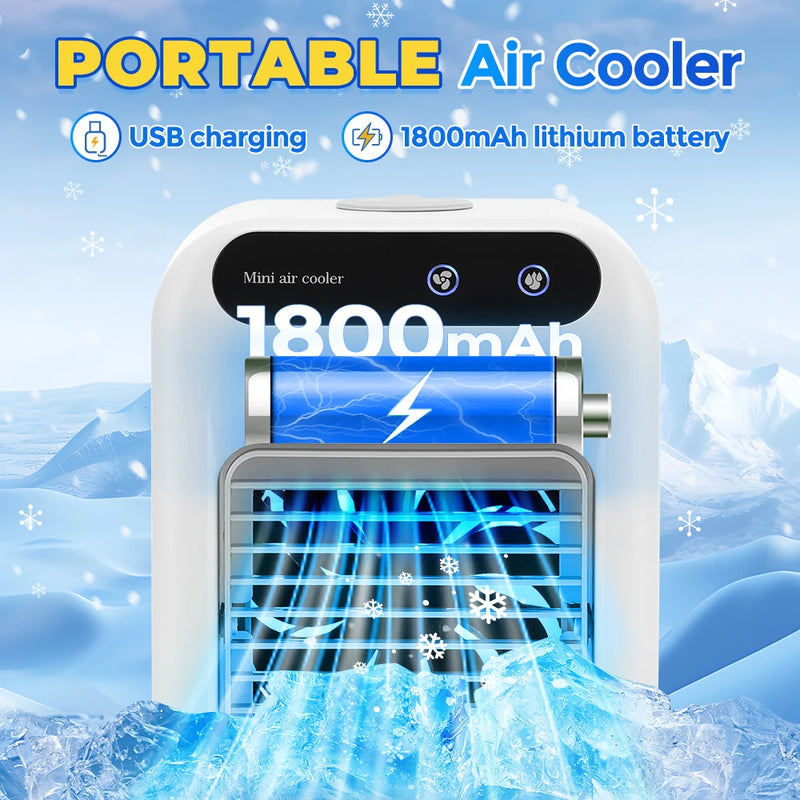 Portable Air Conditioner Mini Air Cooler USB Air Conditioning Fan Cold Air Humidifier Leafless Cooling Spray Fans for Bedroom