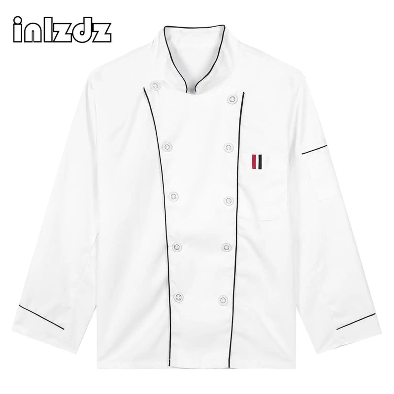 Stand Collar Button Down Chef Jacket Uniform White Hotel Restaurant Kitchen Bakery Contrast Color Trim Cook Jacket Mens Womens