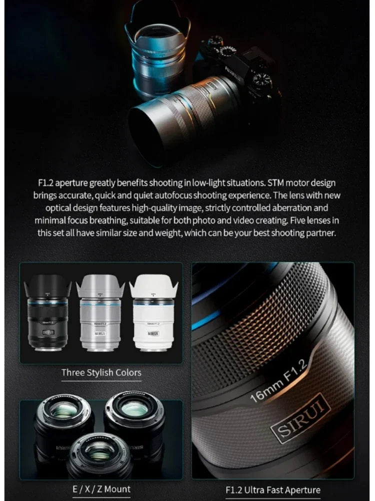 SIRUI Sniper 16mm 75mm 23mm 33mm 56mm F1.2 APS-C Auto Focus Lens For Sony E Mount Fuji X Mount for Nikon Z Mount Camera lens