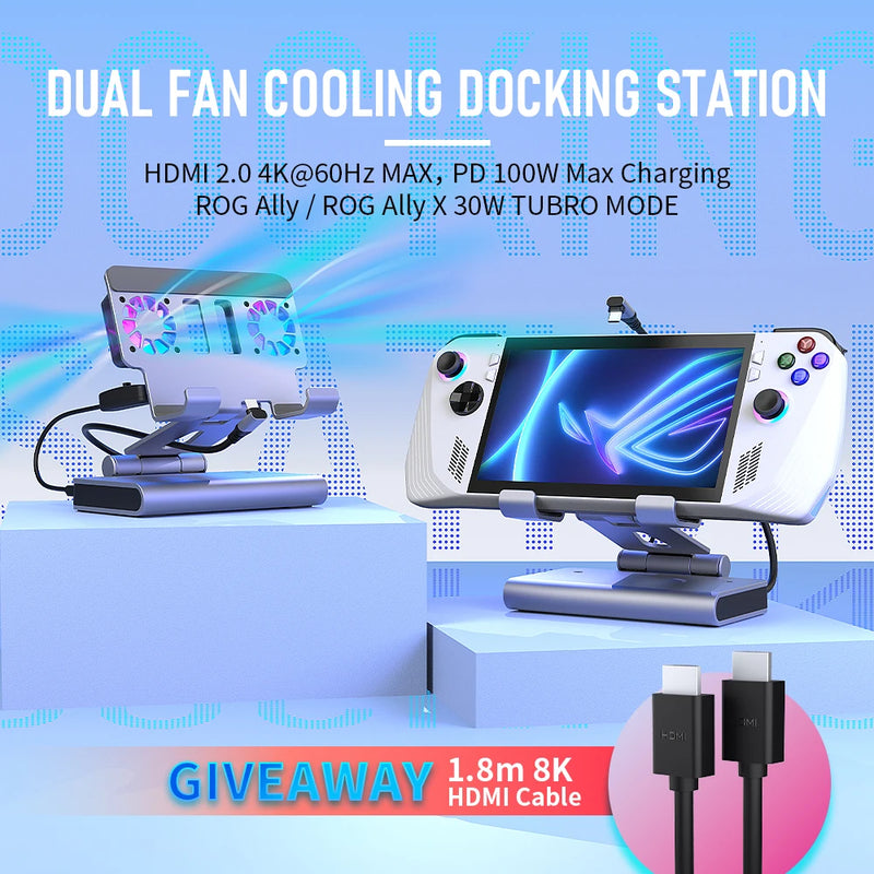 RGB Dual Fans Docking Station For ROG ALLY SteamDeck Game Console AOKZOE OneXPlayer Dock Adjustable Height Dock Bracket 4K 60HZ