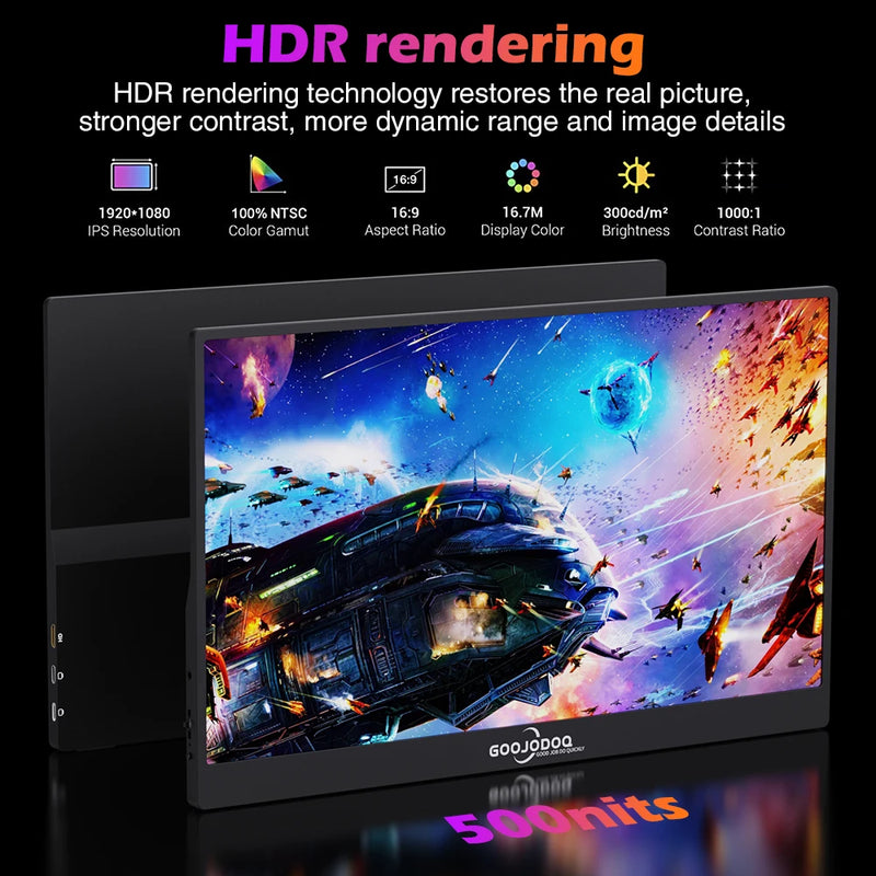 GOOJODOQ GJ20 Portable Monitor 15.6" IPS HDR 1920X1080 FHD Gaming External Monitor for Laptop PC Phone Mac Xbox PS5/PS4 Switch