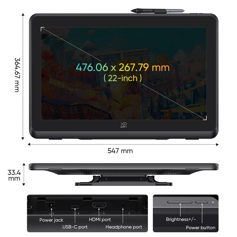 XPPen Artist 22 Plus Graphics Tablet Monitor 16K Pressure Levels X3 Pro Smart Stylus 22-inch 130% sRGB for Android Windows Mac