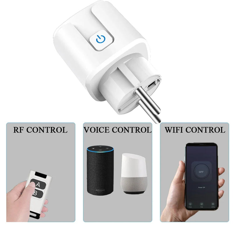 Tuya WiFi and Rf Smart Plug Socket with Power Monitor,Wireless Remote Control Socket Switch AC 220V 3000W EU for Alexa Google