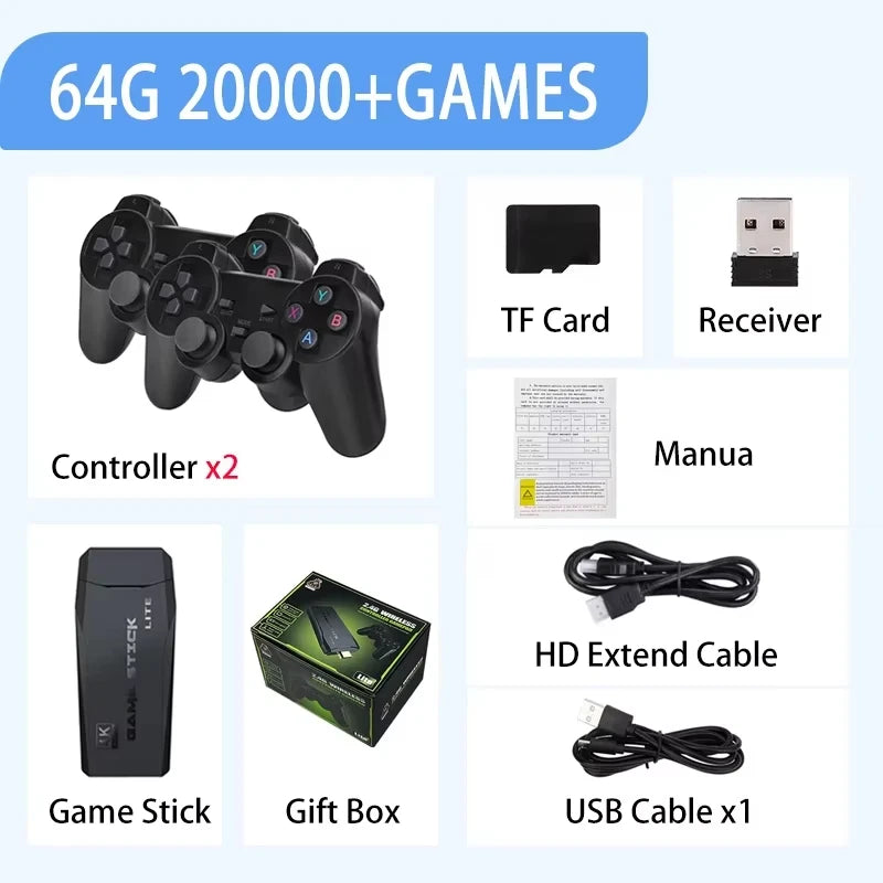 M8 64GB Retro Video Game Consoles 2.4G Wireless Console Game Stick 4K 20000 Games Portable Dendy GameStick For GBA/MD/PS1