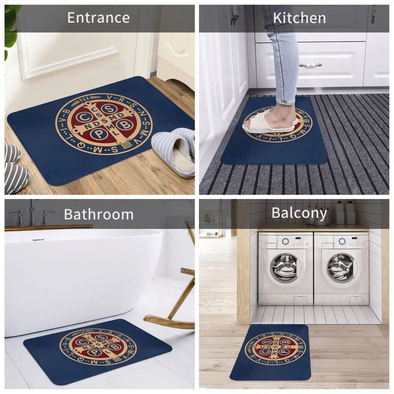 Saint Benedict Medal Anti-Slip Rug Doormat Kitchen Mat Balcony Carpet Home Decorative