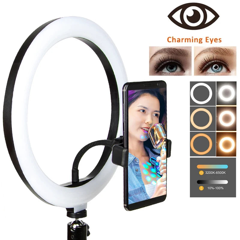 LED Ring Light Photographic 33cm Selfie Ring Lighting Tripod Phone Holder Circle Fill Light Dimmable Lamp For YouTube Video Live